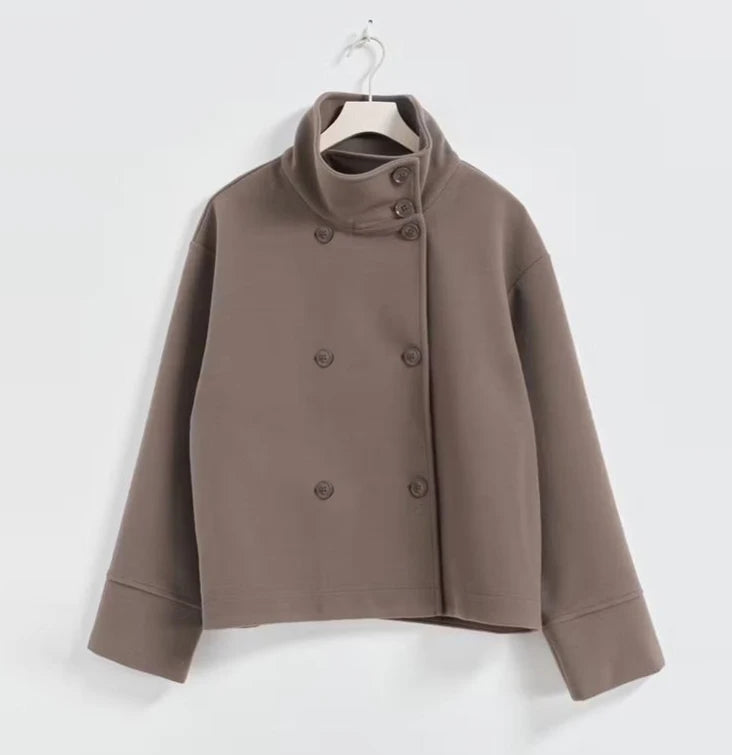 Manteau Femme Col Montant 2025 – Laine Douce, Coupe Large Élégante, Simple Boutonnage, Longue Manche, Style Bureau & Street Chic