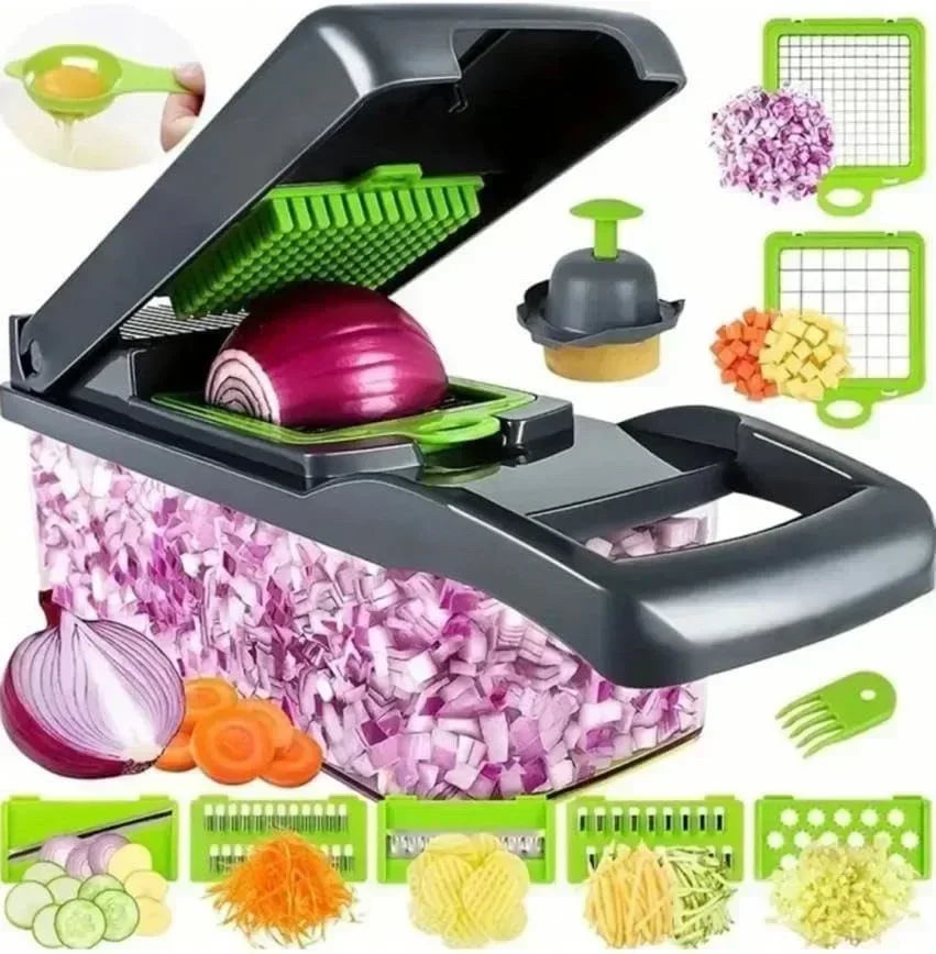 Coupe-Légumes Multifonction 14/16 en 1 – Trancheur, Râpe, Dicer, Hachoir avec Bac Collecteur pour Cuisine