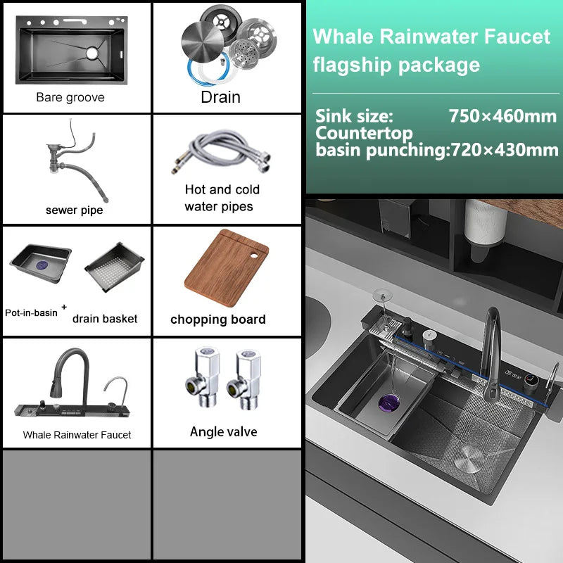 Évier de Cuisine Multifonction Inox – Grand Bassin avec Affichage Digital, Chute d’Eau, Égouttoir & Support Couteaux