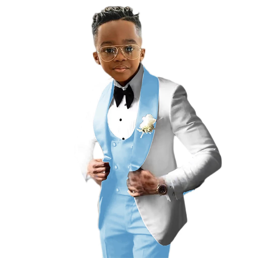 Costume de Cérémonie Garçon 3 Pièces – Tuxedo Blanc & Bleu Royal | Veste, Gilet, Pantalon | Tenue Classique Mariage & Événements