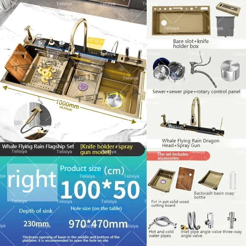 Évier de Cuisine Multifonction Inox – Grand Bassin avec Affichage Digital, Chute d’Eau, Égouttoir & Support Couteaux