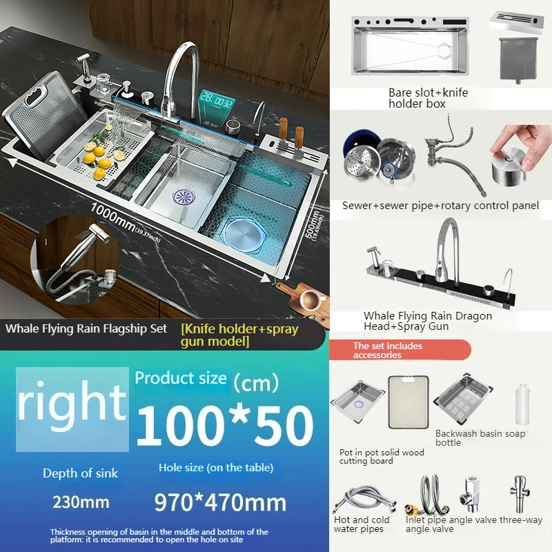 Évier de Cuisine Multifonction Inox – Grand Bassin avec Affichage Digital, Chute d’Eau, Égouttoir & Support Couteaux
