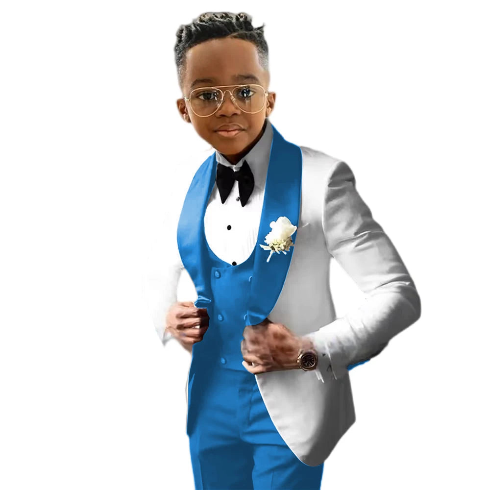 Costume de Cérémonie Garçon 3 Pièces – Tuxedo Blanc & Bleu Royal | Veste, Gilet, Pantalon | Tenue Classique Mariage & Événements