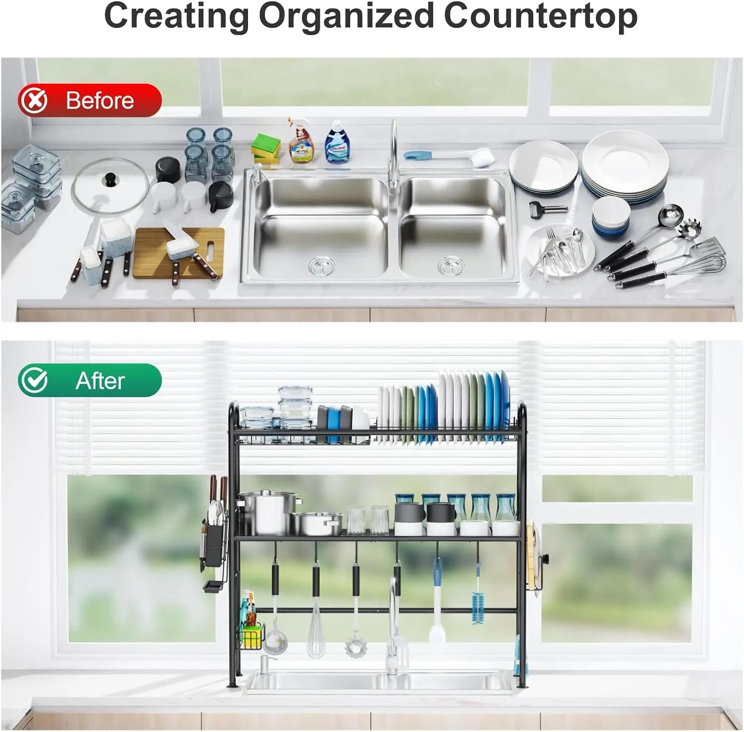 Égouttoir de Cuisine 2 Niveaux – Support Vaisselle au-dessus de l’Évier | Séchoir Anti-Rouille avec Porte-Ustensiles & Rangement