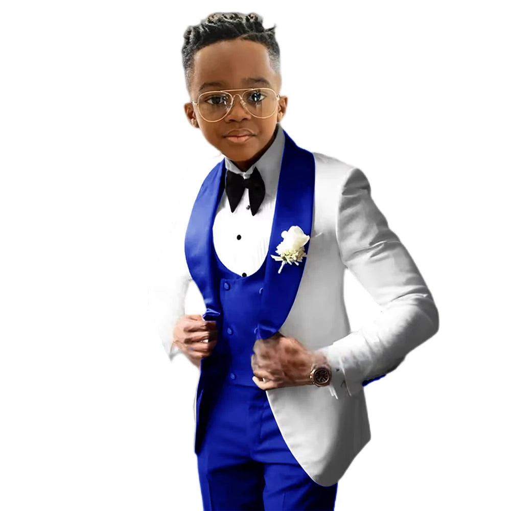 Costume de Cérémonie Garçon 3 Pièces – Tuxedo Blanc & Bleu Royal | Veste, Gilet, Pantalon | Tenue Classique Mariage & Événements