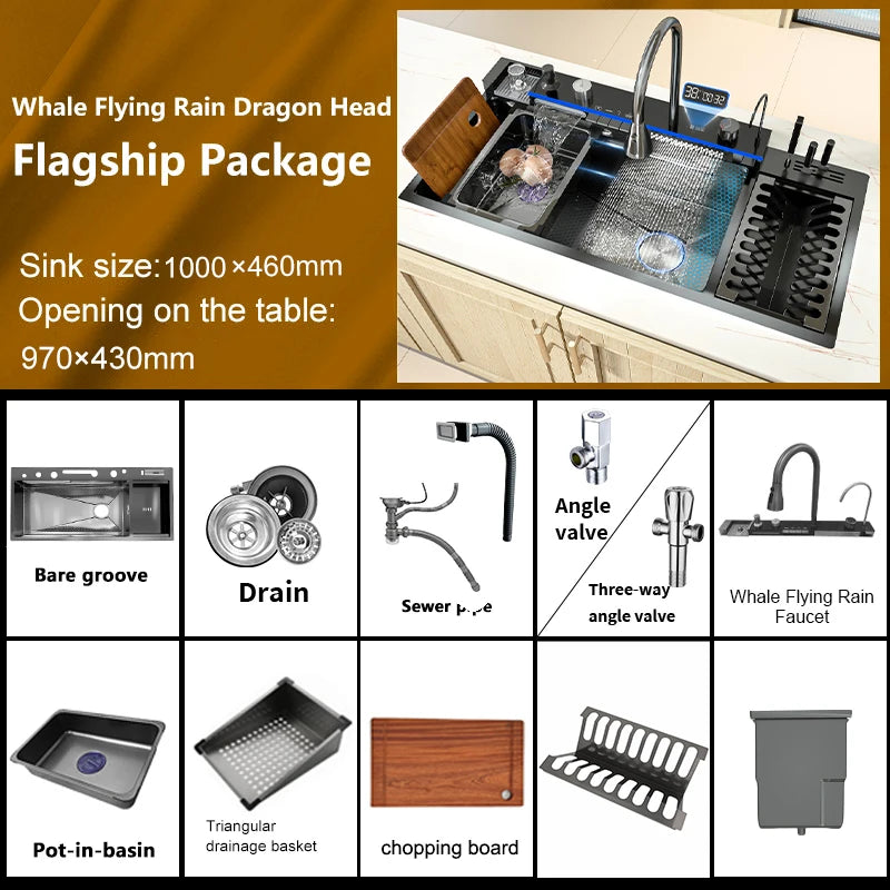 Évier de Cuisine Multifonction Inox – Grand Bassin avec Affichage Digital, Chute d’Eau, Égouttoir & Support Couteaux