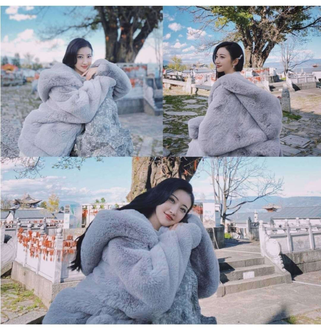 Manteau Hiver Velours Épais Femme – Fourrure Imitation Lapin, Capuche Plush, Coupe Loose Coréenne | Veste Chaude & Luxe