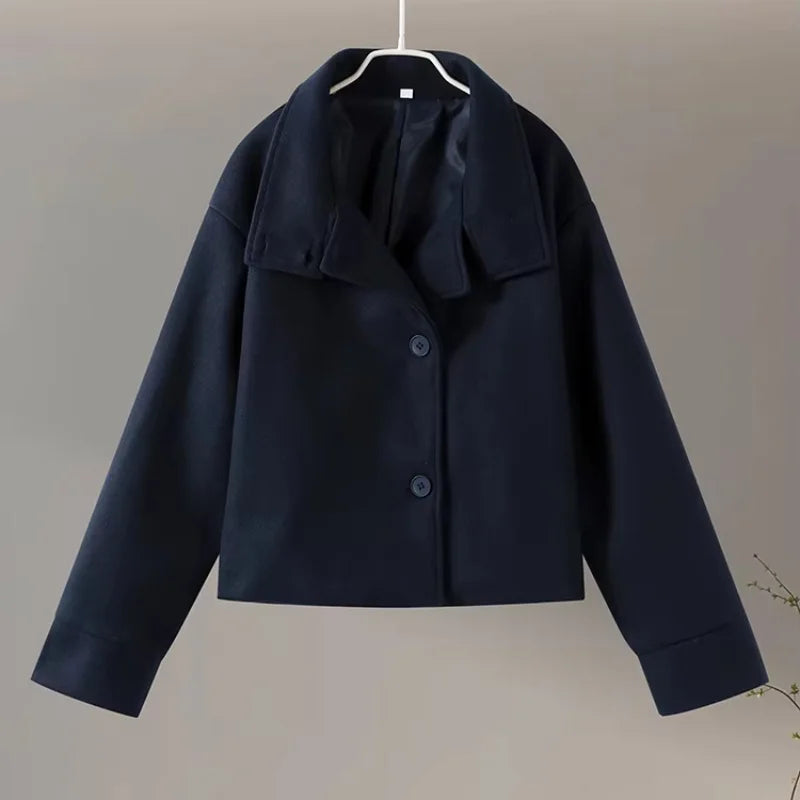 Manteau Femme Col Montant 2025 – Laine Douce, Coupe Large Élégante, Simple Boutonnage, Longue Manche, Style Bureau & Street Chic