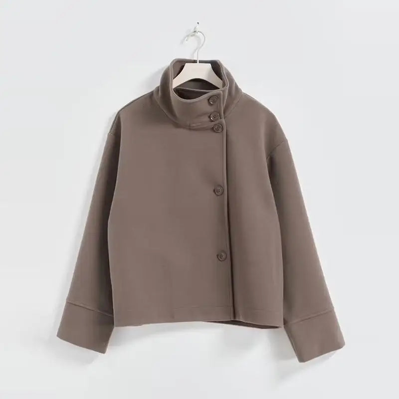 Manteau Femme Col Montant 2025 – Laine Douce, Coupe Large Élégante, Simple Boutonnage, Longue Manche, Style Bureau & Street Chic