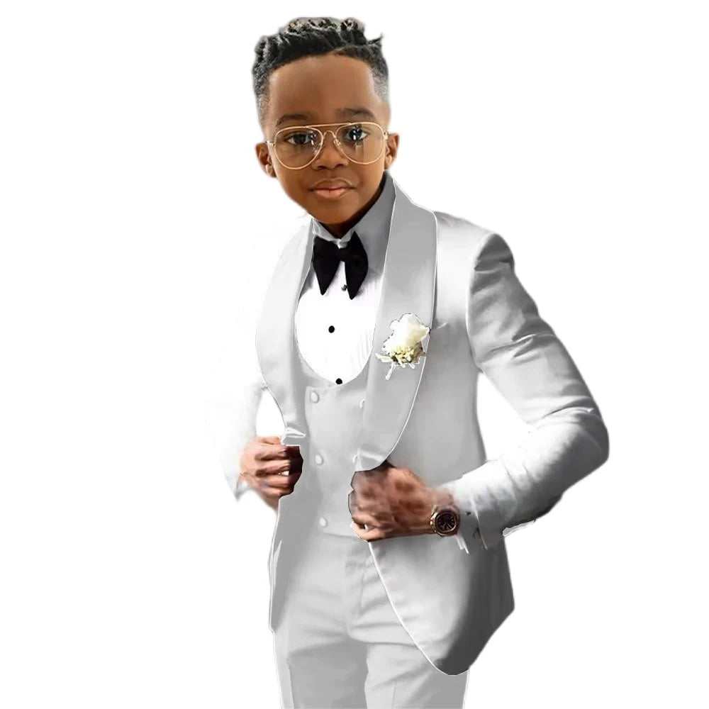 Costume de Cérémonie Garçon 3 Pièces – Tuxedo Blanc & Bleu Royal | Veste, Gilet, Pantalon | Tenue Classique Mariage & Événements