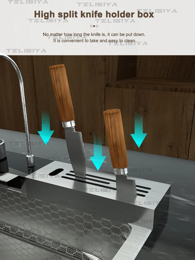 Évier de Cuisine Multifonction Inox – Grand Bassin avec Affichage Digital, Chute d’Eau, Égouttoir & Support Couteaux