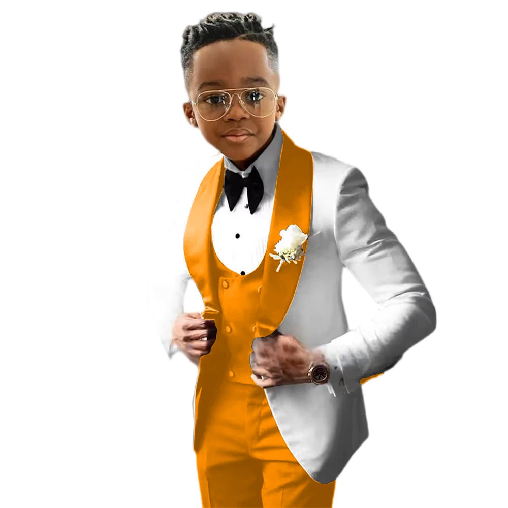 Costume de Cérémonie Garçon 3 Pièces – Tuxedo Blanc & Bleu Royal | Veste, Gilet, Pantalon | Tenue Classique Mariage & Événements