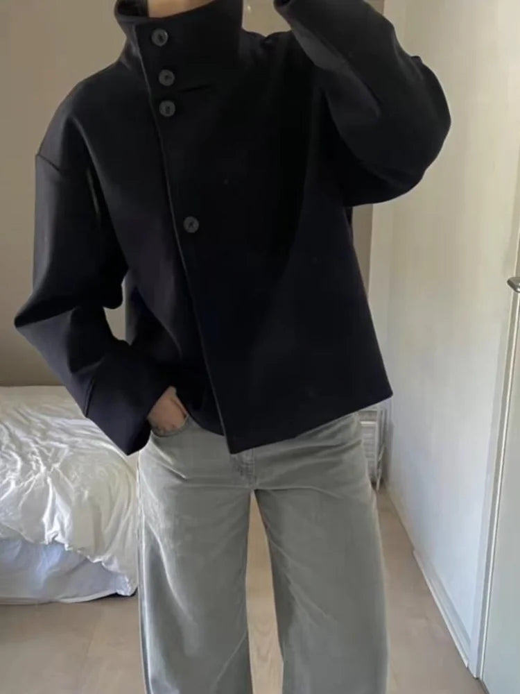 Manteau Femme Col Montant 2025 – Laine Douce, Coupe Large Élégante, Simple Boutonnage, Longue Manche, Style Bureau & Street Chic