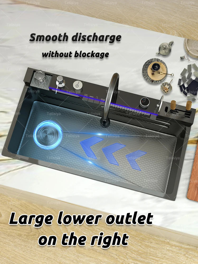 Évier de Cuisine Multifonction Inox – Grand Bassin avec Affichage Digital, Chute d’Eau, Égouttoir & Support Couteaux