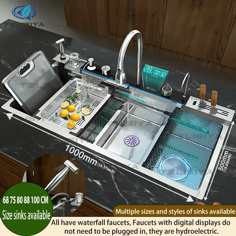 Évier de Cuisine Multifonction Inox – Grand Bassin avec Affichage Digital, Chute d’Eau, Égouttoir & Support Couteaux