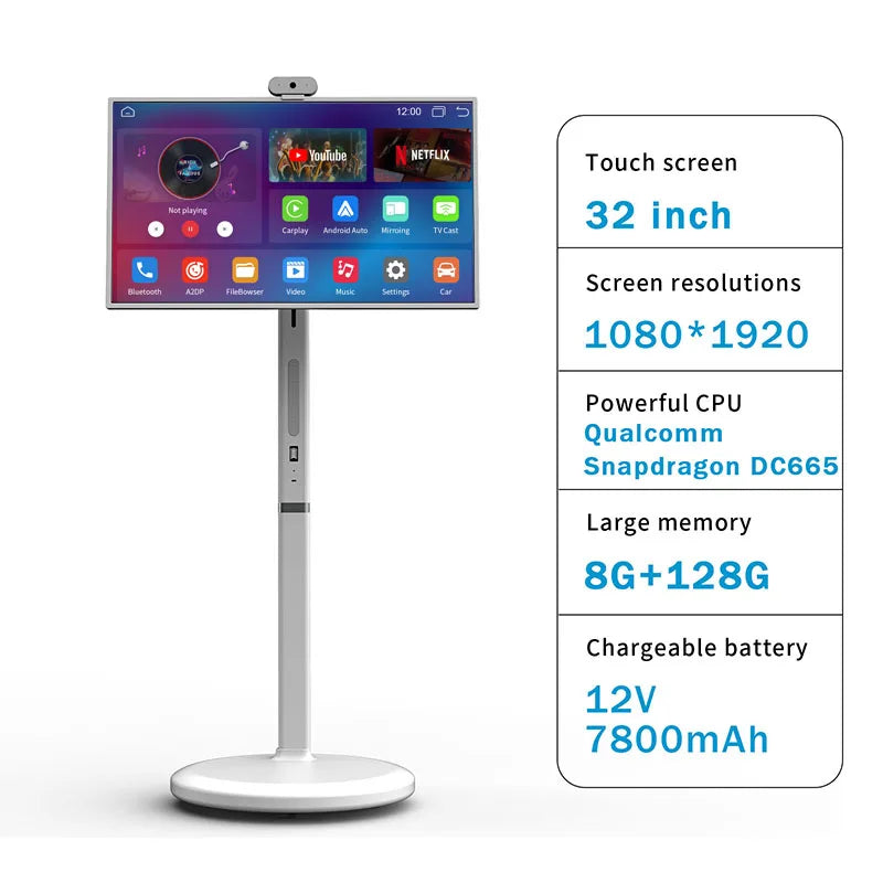 Téléviseur Intelligent 32" Écran Tactile – Smart TV Portable 8 Cœurs, WiFi, 8+128 Go, Support Inclus & Télécommande