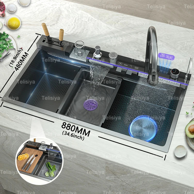 Évier de Cuisine Multifonction Inox – Grand Bassin avec Affichage Digital, Chute d’Eau, Égouttoir & Support Couteaux