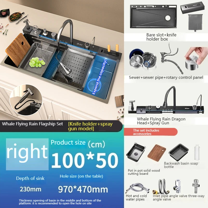 Évier de Cuisine Multifonction Inox – Grand Bassin avec Affichage Digital, Chute d’Eau, Égouttoir & Support Couteaux