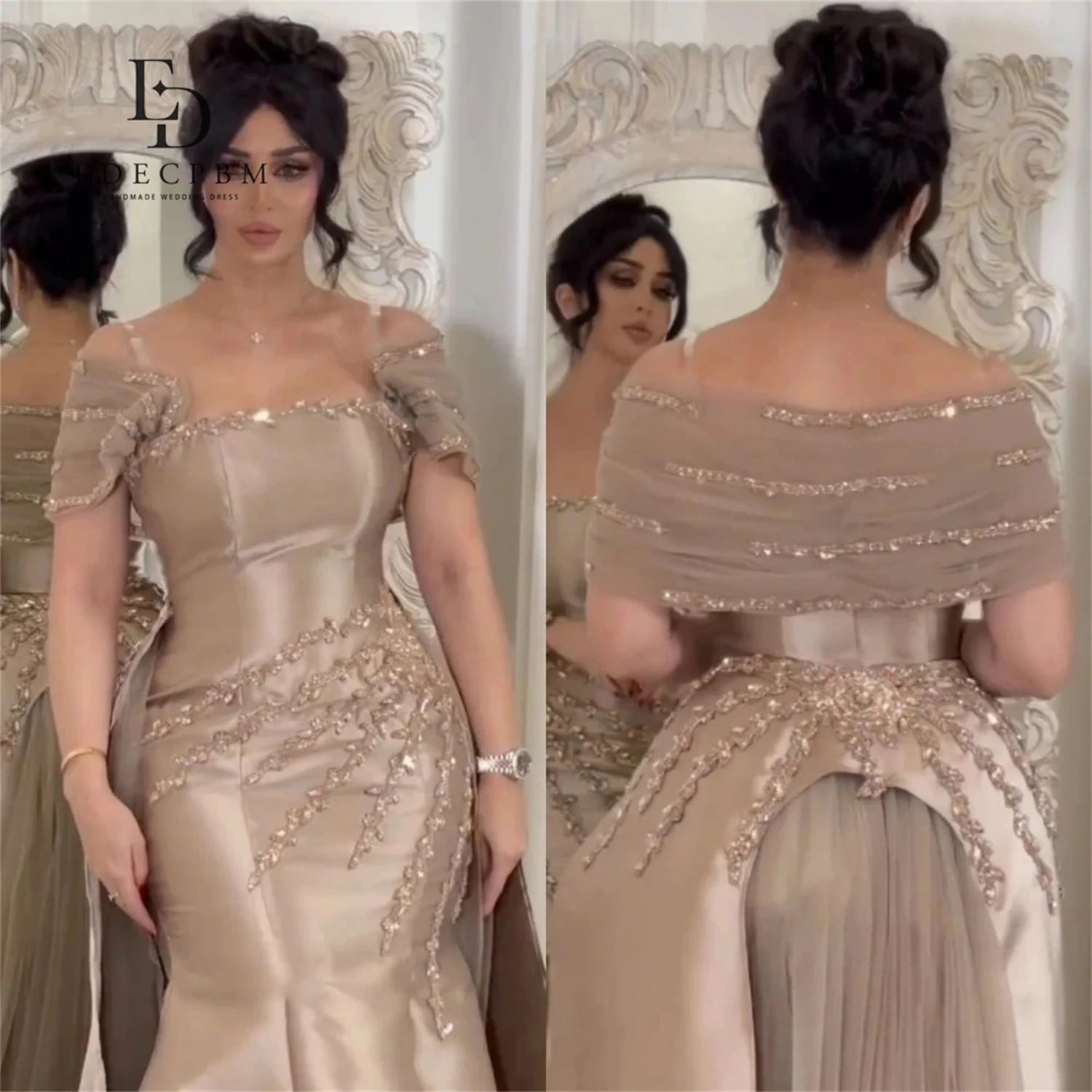 Robe de Soirée Luxe Champagne – Perles 2025, Satin Premium, Édition Spéciale, Couture Élégante pour Grandes Occasions