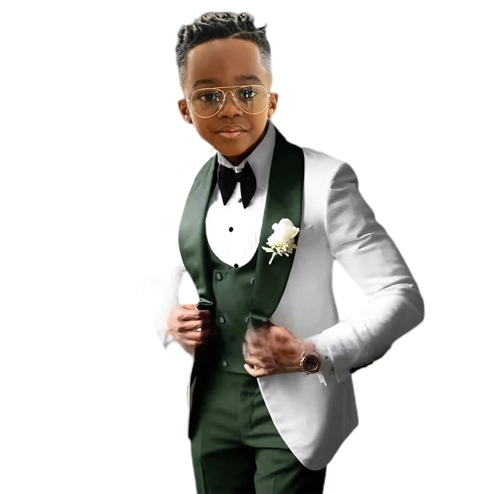 Costume de Cérémonie Garçon 3 Pièces – Tuxedo Blanc & Bleu Royal | Veste, Gilet, Pantalon | Tenue Classique Mariage & Événements