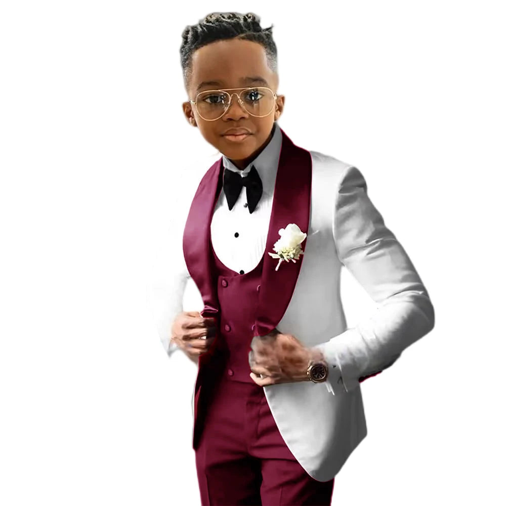 Costume de Cérémonie Garçon 3 Pièces – Tuxedo Blanc & Bleu Royal | Veste, Gilet, Pantalon | Tenue Classique Mariage & Événements