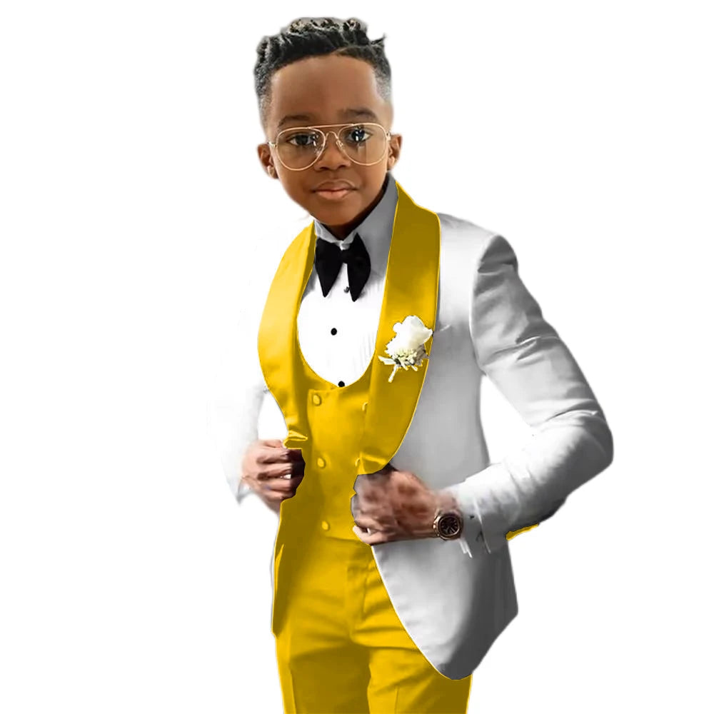 Costume de Cérémonie Garçon 3 Pièces – Tuxedo Blanc & Bleu Royal | Veste, Gilet, Pantalon | Tenue Classique Mariage & Événements