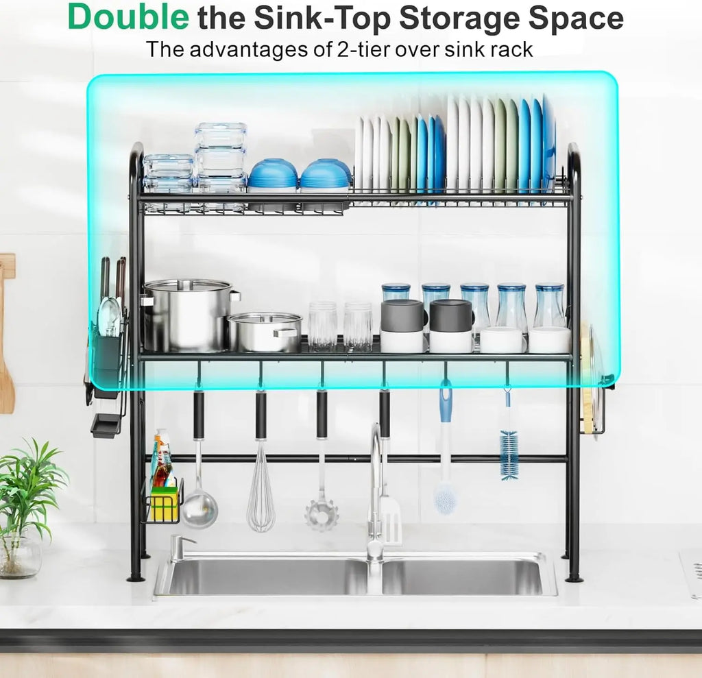 Égouttoir de Cuisine 2 Niveaux – Support Vaisselle au-dessus de l’Évier | Séchoir Anti-Rouille avec Porte-Ustensiles & Rangement