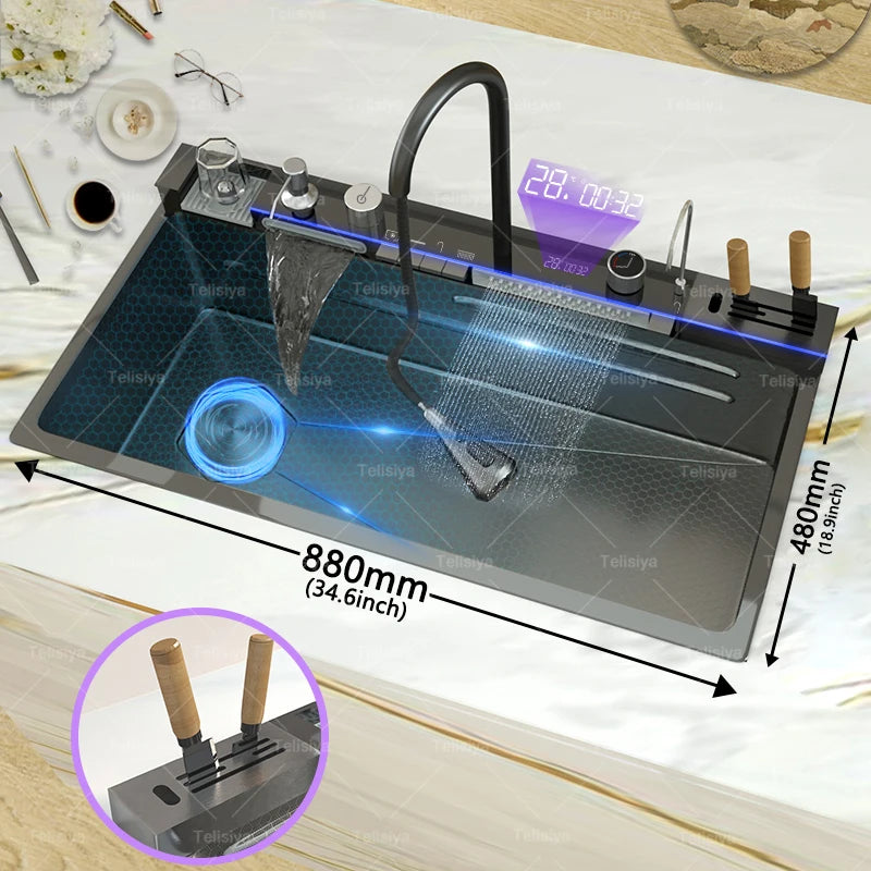 Évier de Cuisine Multifonction Inox – Grand Bassin avec Affichage Digital, Chute d’Eau, Égouttoir & Support Couteaux