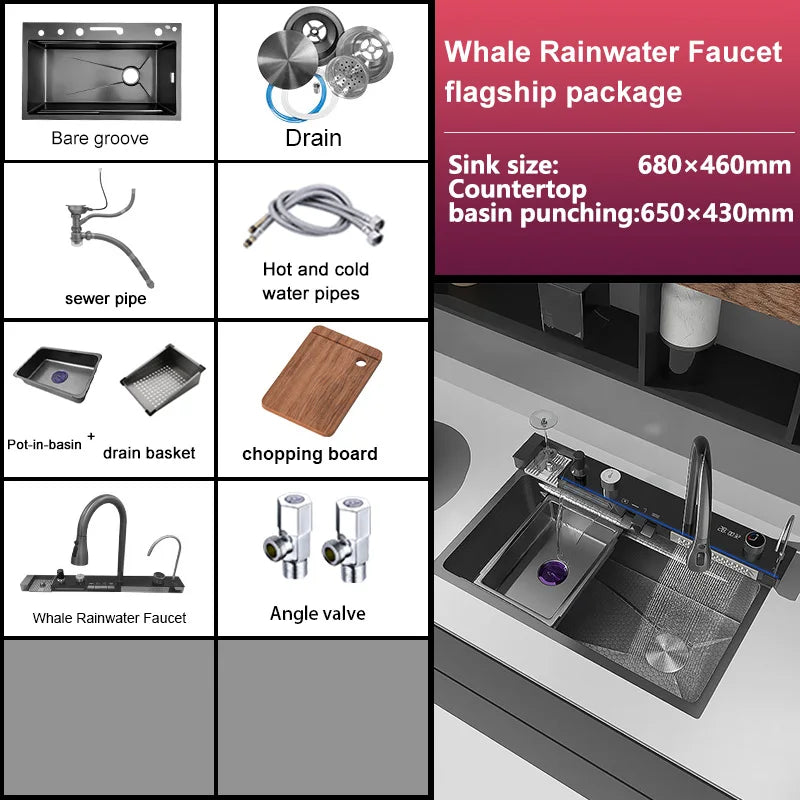 Évier de Cuisine Multifonction Inox – Grand Bassin avec Affichage Digital, Chute d’Eau, Égouttoir & Support Couteaux