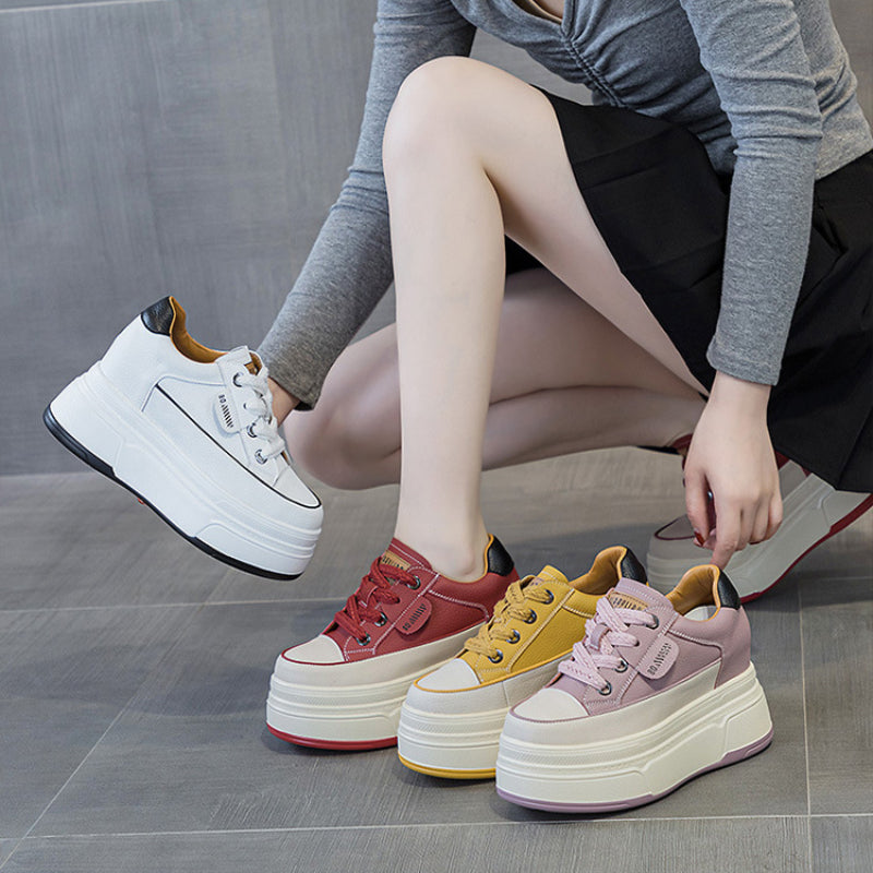 Baskets Plateforme en Cuir Véritable – Semelle Vulcanisée 9 cm – Confort & Style Casual Femme