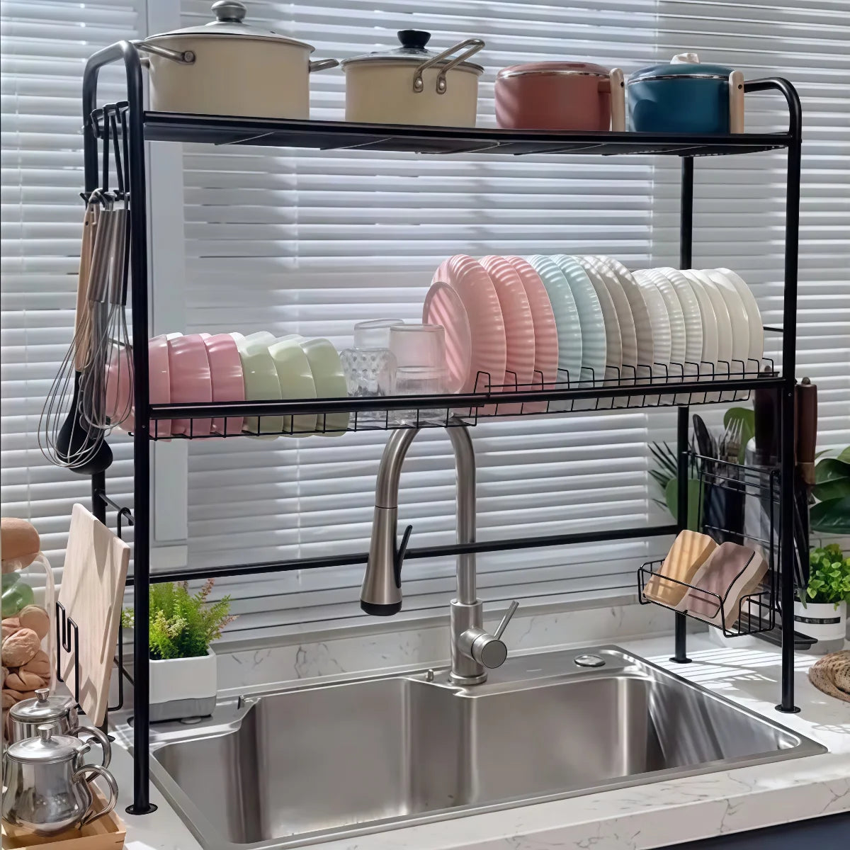 Égouttoir de Cuisine 2 Niveaux – Support Vaisselle au-dessus de l’Évier | Séchoir Anti-Rouille avec Porte-Ustensiles & Rangement