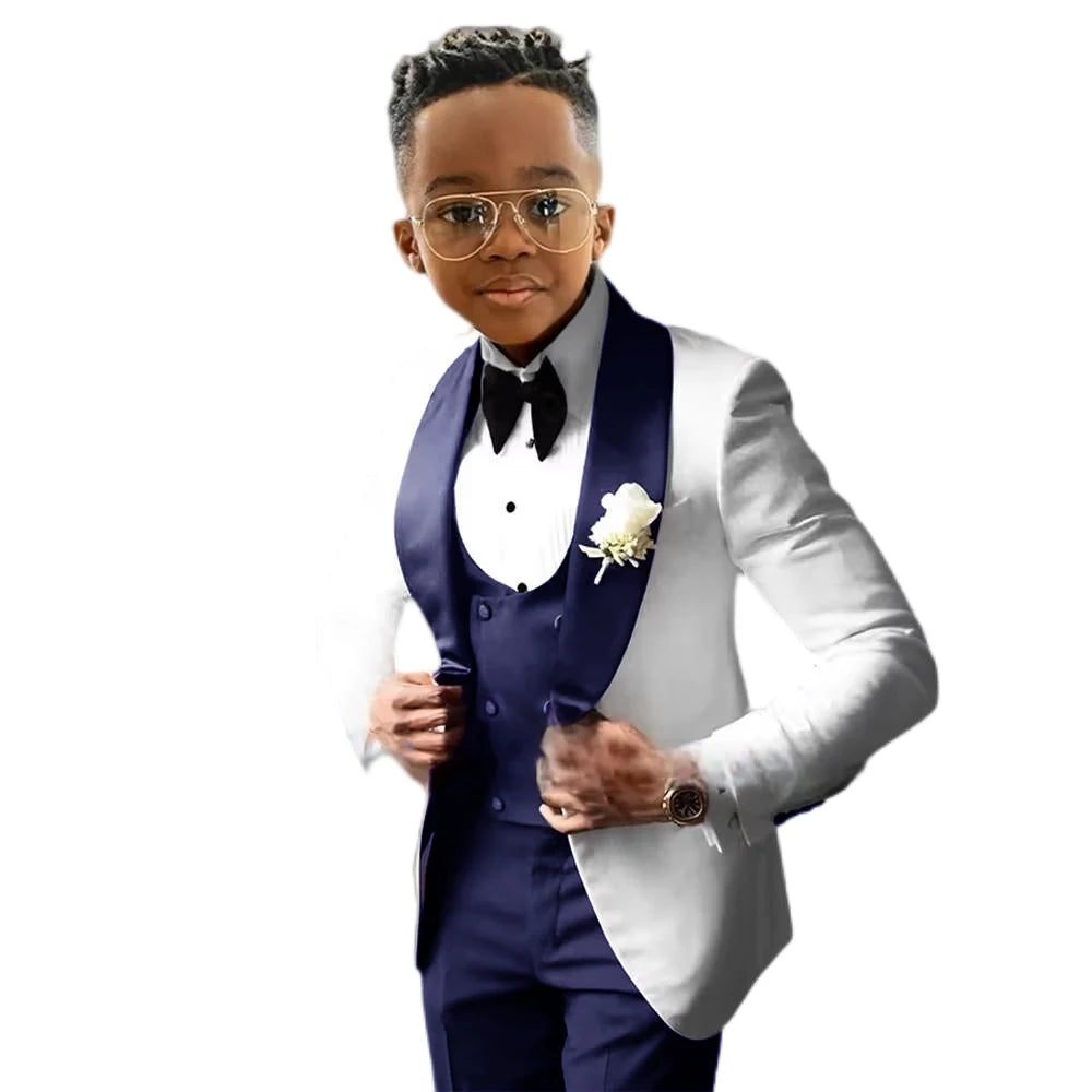 Costume de Cérémonie Garçon 3 Pièces – Tuxedo Blanc & Bleu Royal | Veste, Gilet, Pantalon | Tenue Classique Mariage & Événements