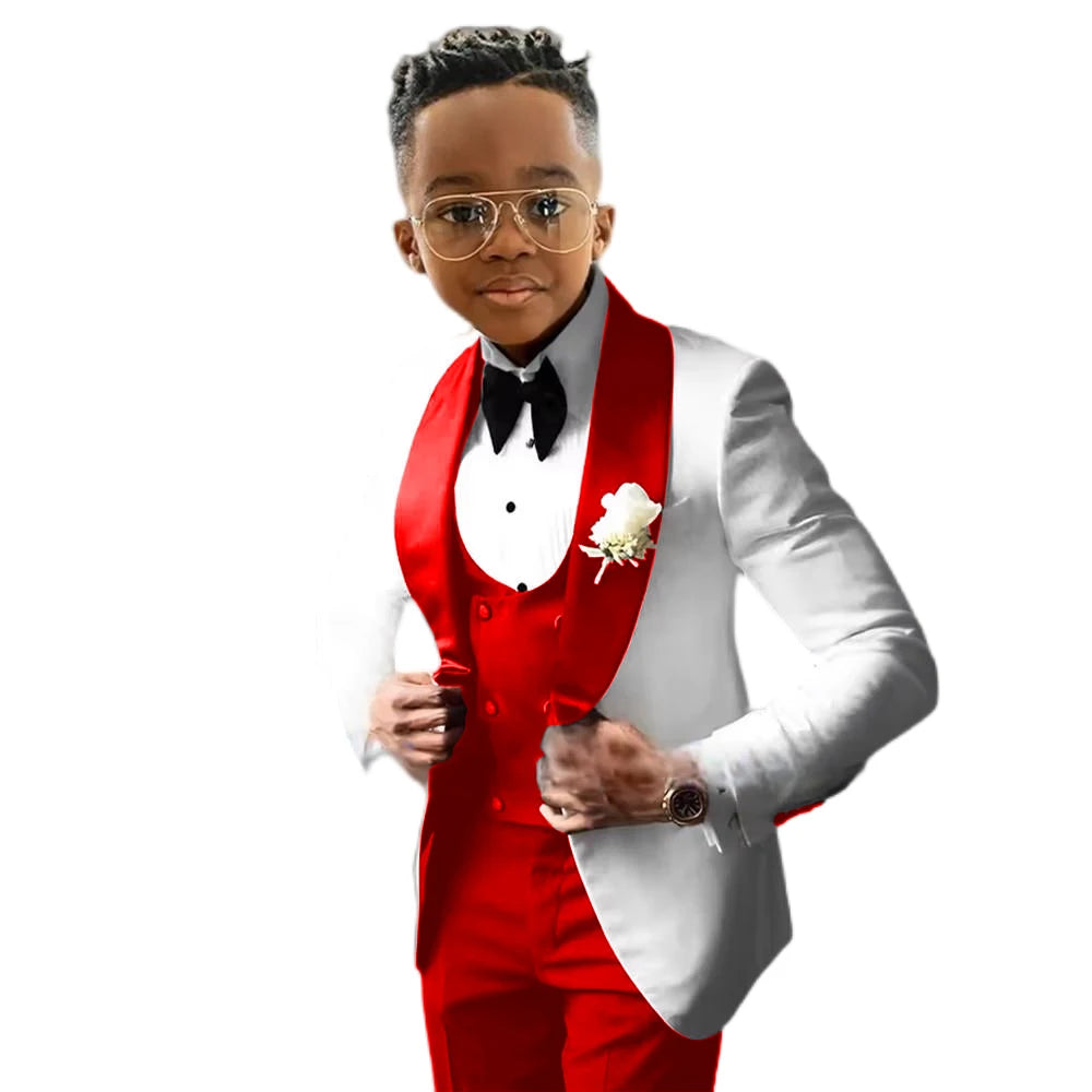 Costume de Cérémonie Garçon 3 Pièces – Tuxedo Blanc & Bleu Royal | Veste, Gilet, Pantalon | Tenue Classique Mariage & Événements