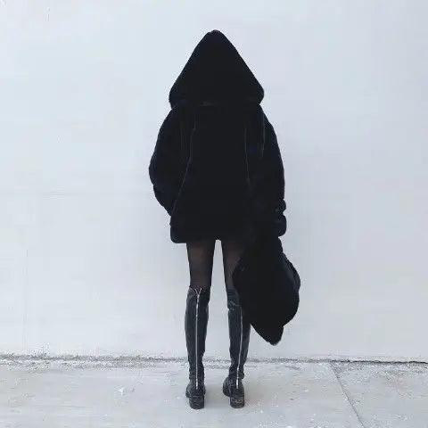 Manteau Hiver Velours Épais Femme – Fourrure Imitation Lapin, Capuche Plush, Coupe Loose Coréenne | Veste Chaude & Luxe