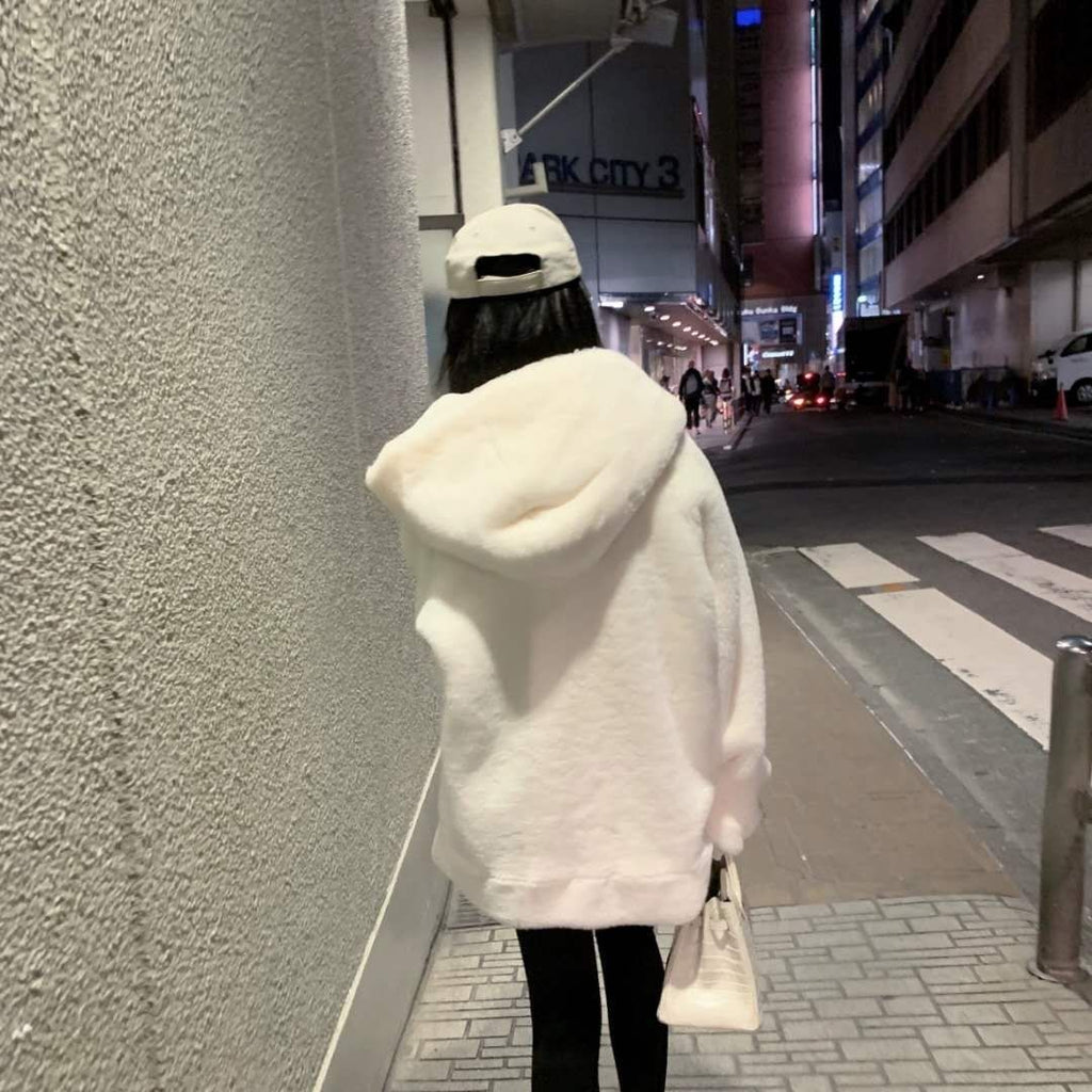 Manteau Hiver Velours Épais Femme – Fourrure Imitation Lapin, Capuche Plush, Coupe Loose Coréenne | Veste Chaude & Luxe