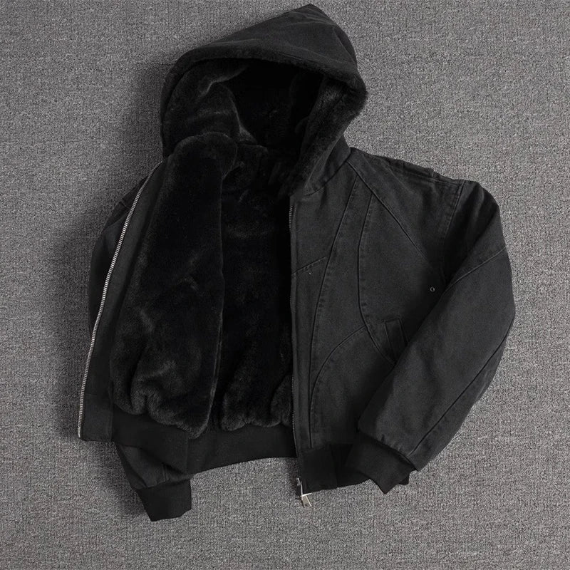 Veste Hiver Oversize Épais Homme/Femme – Canvas Lavé avec Doublure Fourrure Synthétique | Hoodie Chaud & Confort Loose Fit