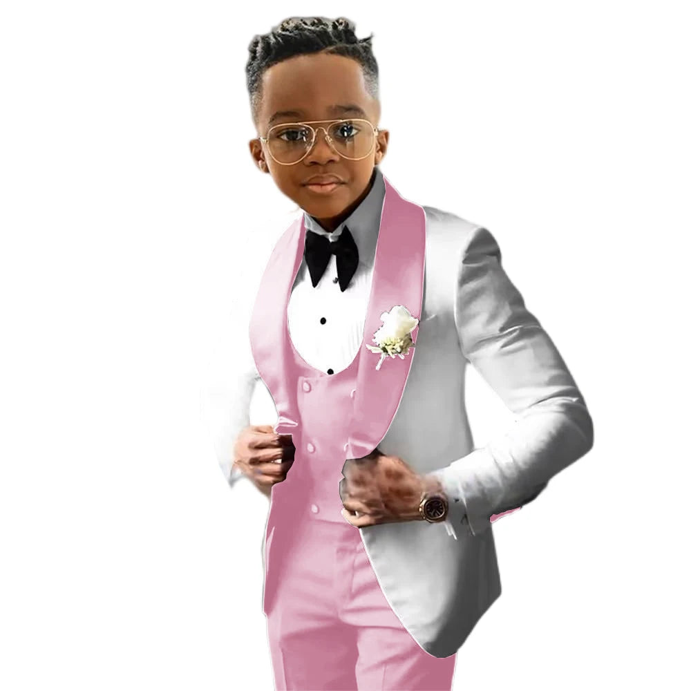 Costume de Cérémonie Garçon 3 Pièces – Tuxedo Blanc & Bleu Royal | Veste, Gilet, Pantalon | Tenue Classique Mariage & Événements