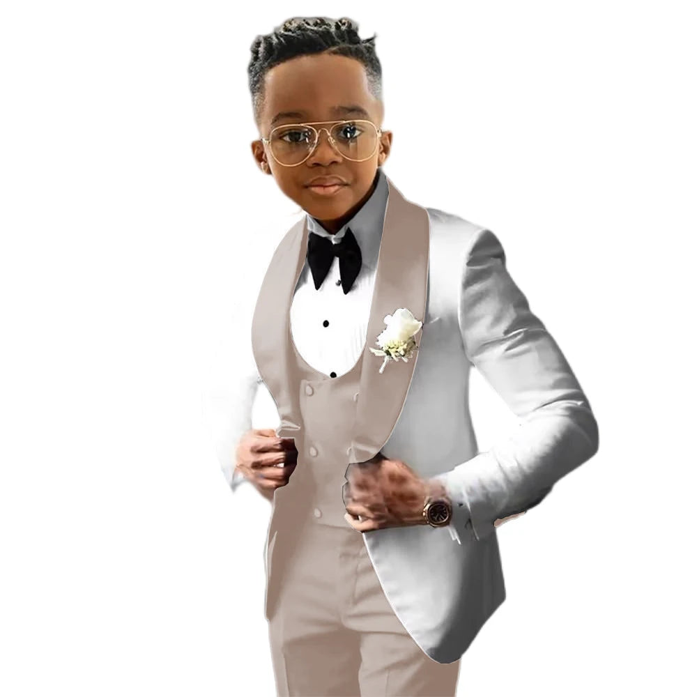 Costume de Cérémonie Garçon 3 Pièces – Tuxedo Blanc & Bleu Royal | Veste, Gilet, Pantalon | Tenue Classique Mariage & Événements