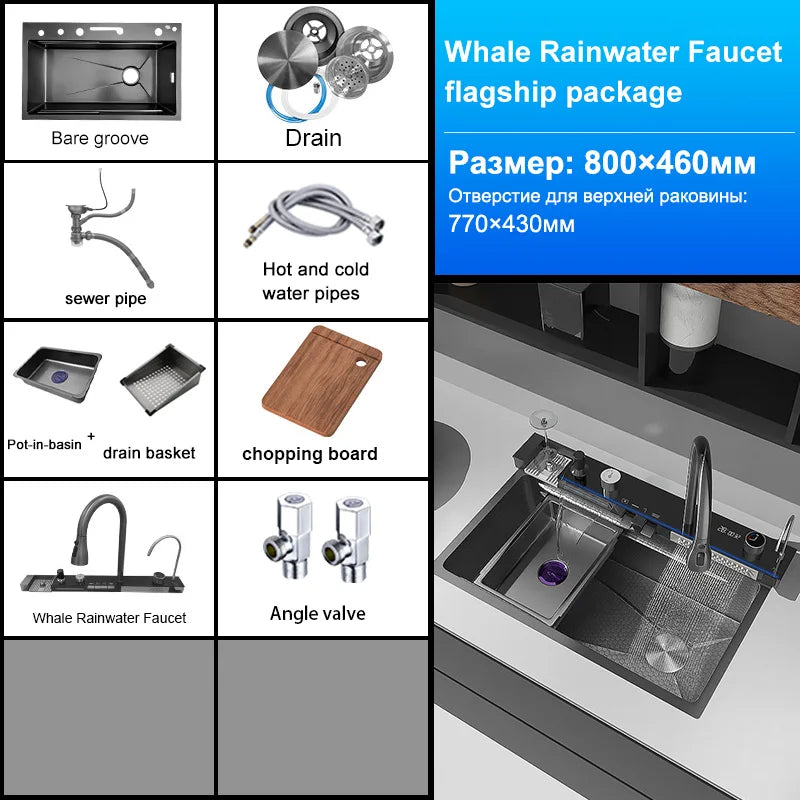 Évier de Cuisine Multifonction Inox – Grand Bassin avec Affichage Digital, Chute d’Eau, Égouttoir & Support Couteaux