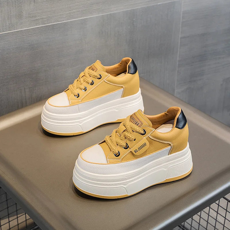 Baskets Plateforme en Cuir Véritable – Semelle Vulcanisée 9 cm – Confort & Style Casual Femme