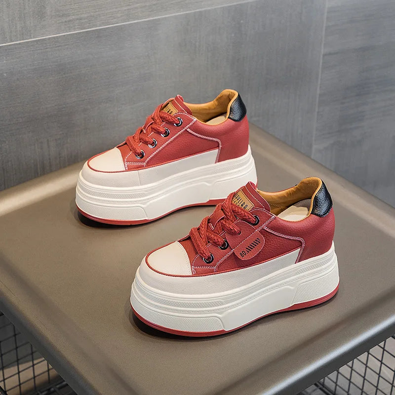 Baskets Plateforme en Cuir Véritable – Semelle Vulcanisée 9 cm – Confort & Style Casual Femme