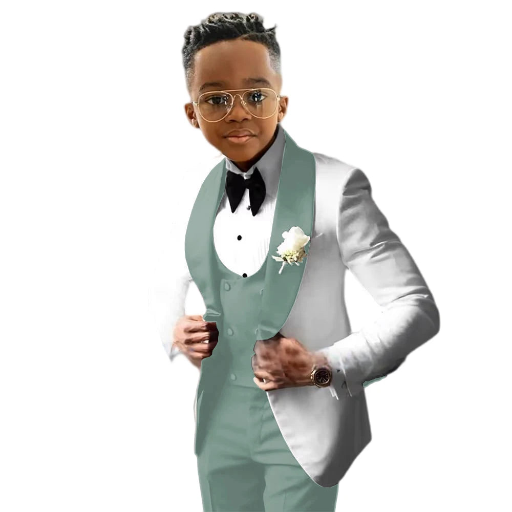 Costume de Cérémonie Garçon 3 Pièces – Tuxedo Blanc & Bleu Royal | Veste, Gilet, Pantalon | Tenue Classique Mariage & Événements