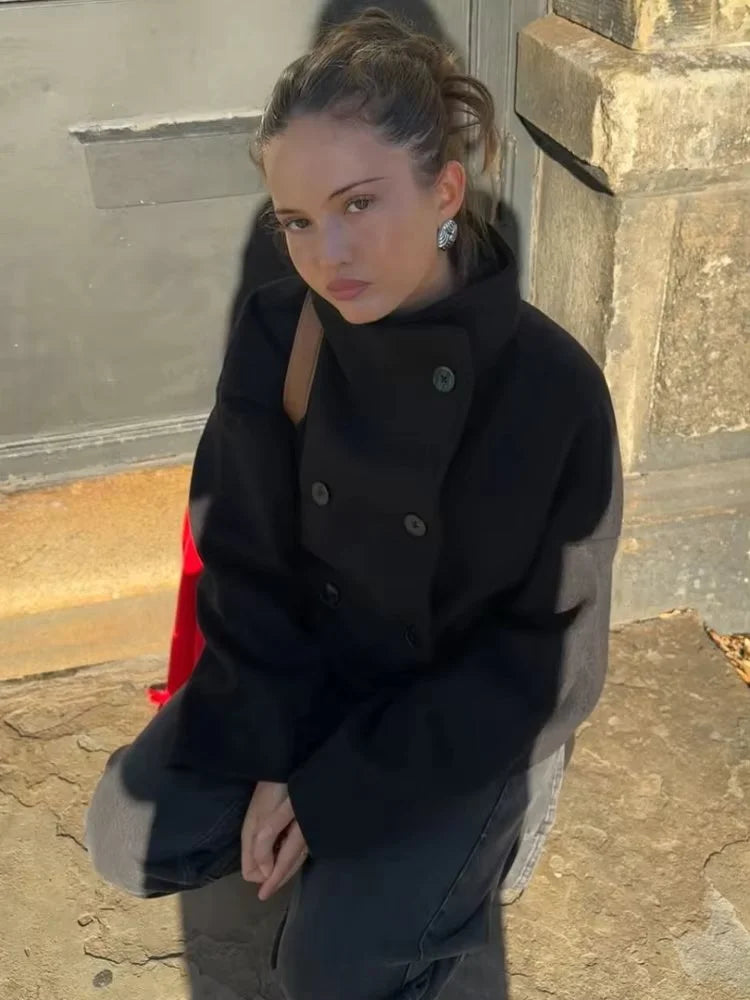 Manteau Femme Col Montant 2025 – Laine Douce, Coupe Large Élégante, Simple Boutonnage, Longue Manche, Style Bureau & Street Chic
