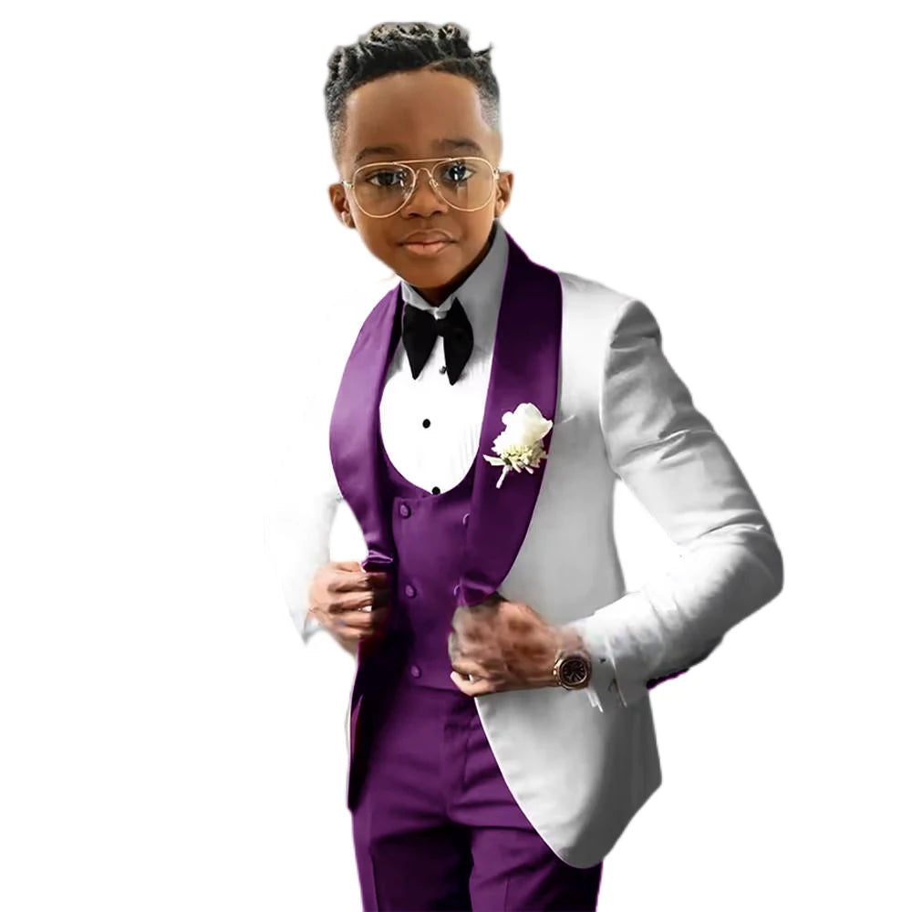 Costume de Cérémonie Garçon 3 Pièces – Tuxedo Blanc & Bleu Royal | Veste, Gilet, Pantalon | Tenue Classique Mariage & Événements