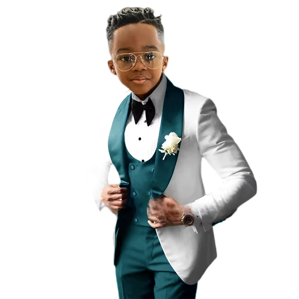 Costume de Cérémonie Garçon 3 Pièces – Tuxedo Blanc & Bleu Royal | Veste, Gilet, Pantalon | Tenue Classique Mariage & Événements