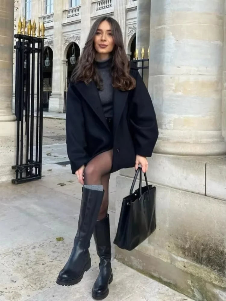 Manteau Femme Col Montant 2025 – Laine Douce, Coupe Large Élégante, Simple Boutonnage, Longue Manche, Style Bureau & Street Chic