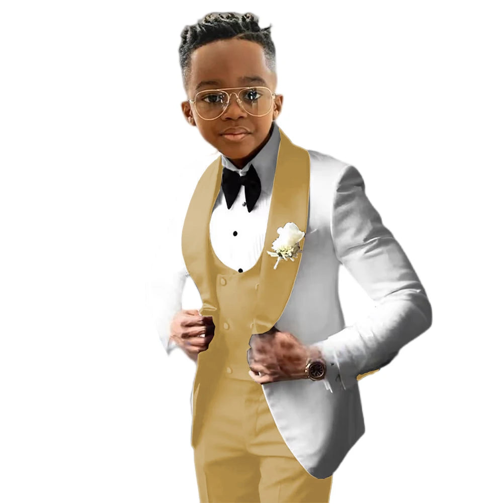 Costume de Cérémonie Garçon 3 Pièces – Tuxedo Blanc & Bleu Royal | Veste, Gilet, Pantalon | Tenue Classique Mariage & Événements