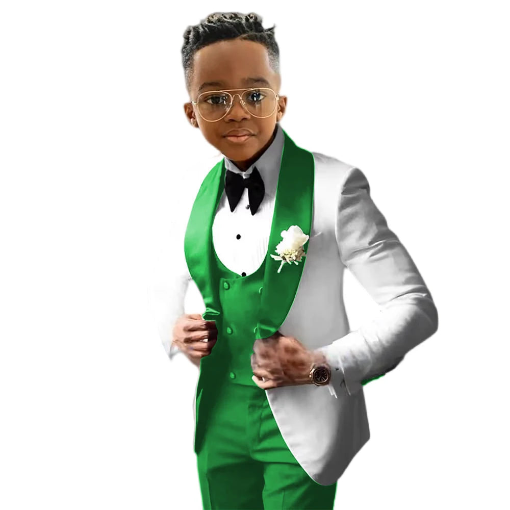 Costume de Cérémonie Garçon 3 Pièces – Tuxedo Blanc & Bleu Royal | Veste, Gilet, Pantalon | Tenue Classique Mariage & Événements