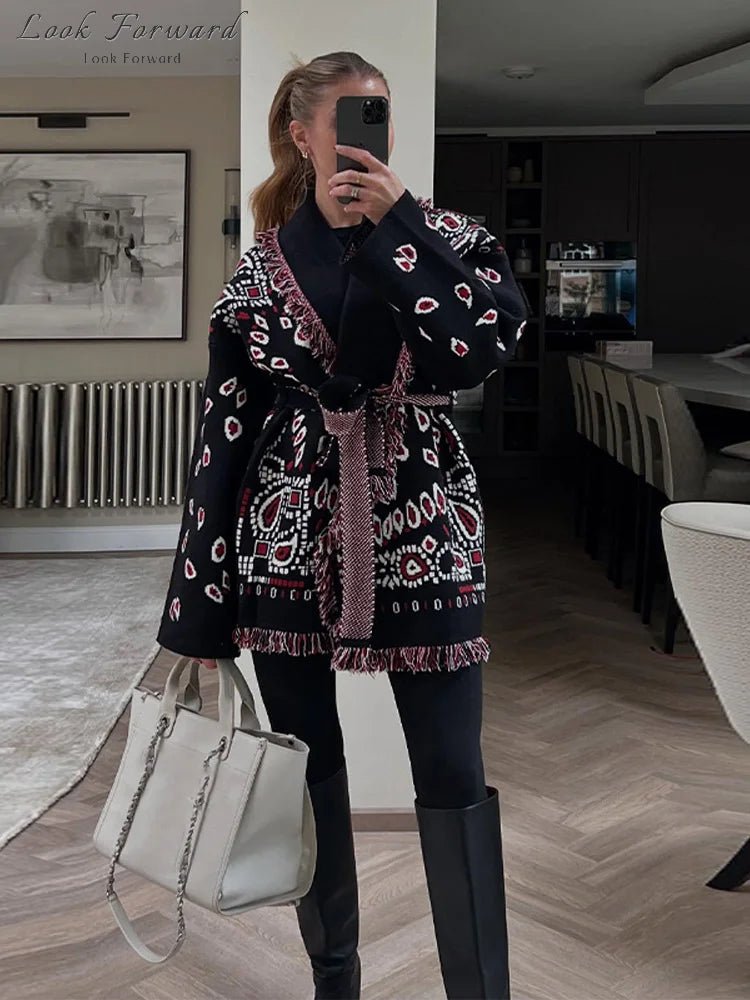 Cardigan Femme Long Chaud à Capuche – Tricot Épais avec Ceinture, Motif Floral, Manches Longues, Style Casual Automne/Hiver 2025 - Cardigan Long Femme - BDM Beauty & Fashion Intl.