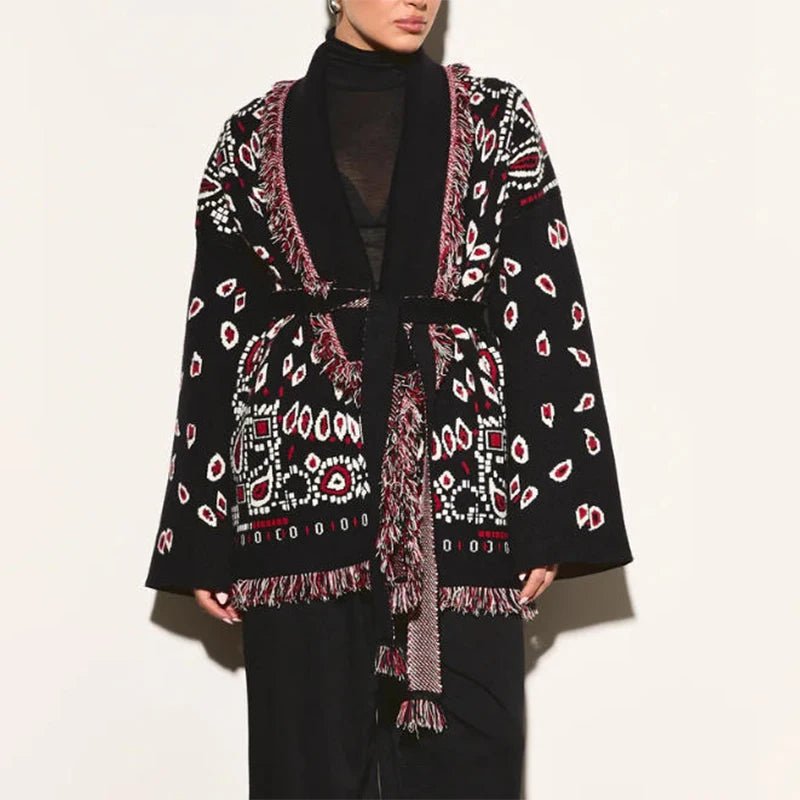 Cardigan Femme Long Chaud à Capuche – Tricot Épais avec Ceinture, Motif Floral, Manches Longues, Style Casual Automne/Hiver 2025 - Cardigan Long Femme - BDM Beauty & Fashion Intl.